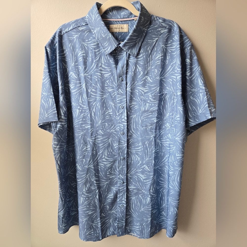 Men's Blue Leaf Print Casual Button-Down Shirt